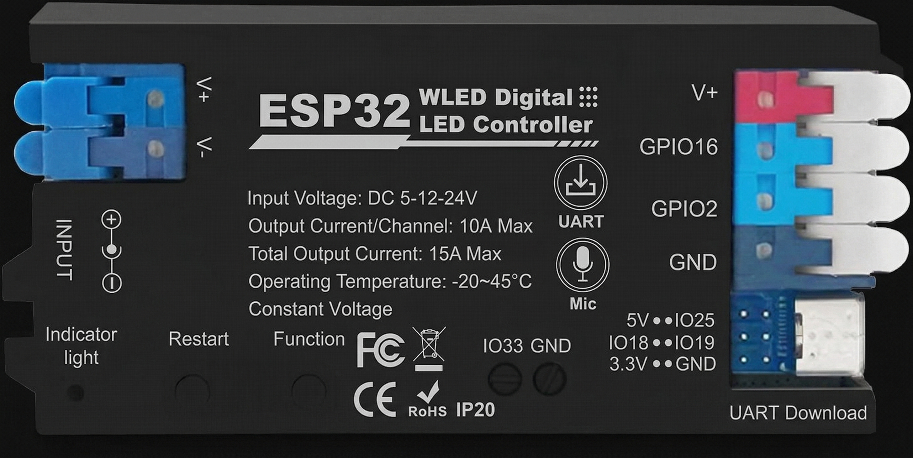 2 CHANNEL - 15AMP - WLED CONTROLLER - w/MIC Audio Reaction